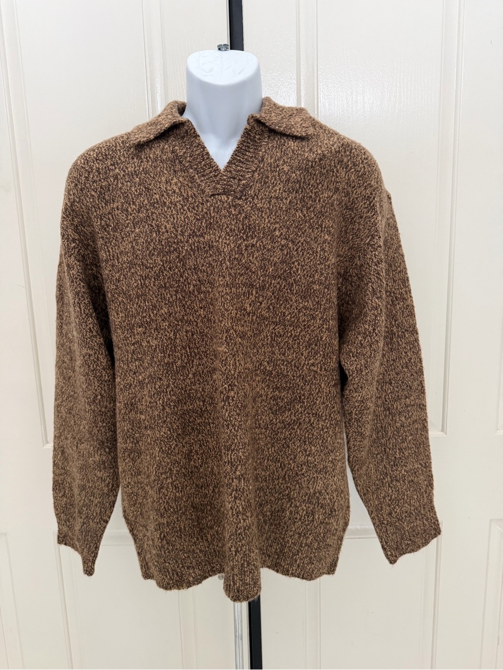 Denim & Flower (D&F) Singh Brown Marled Collared V-Neck Sweater Sz L